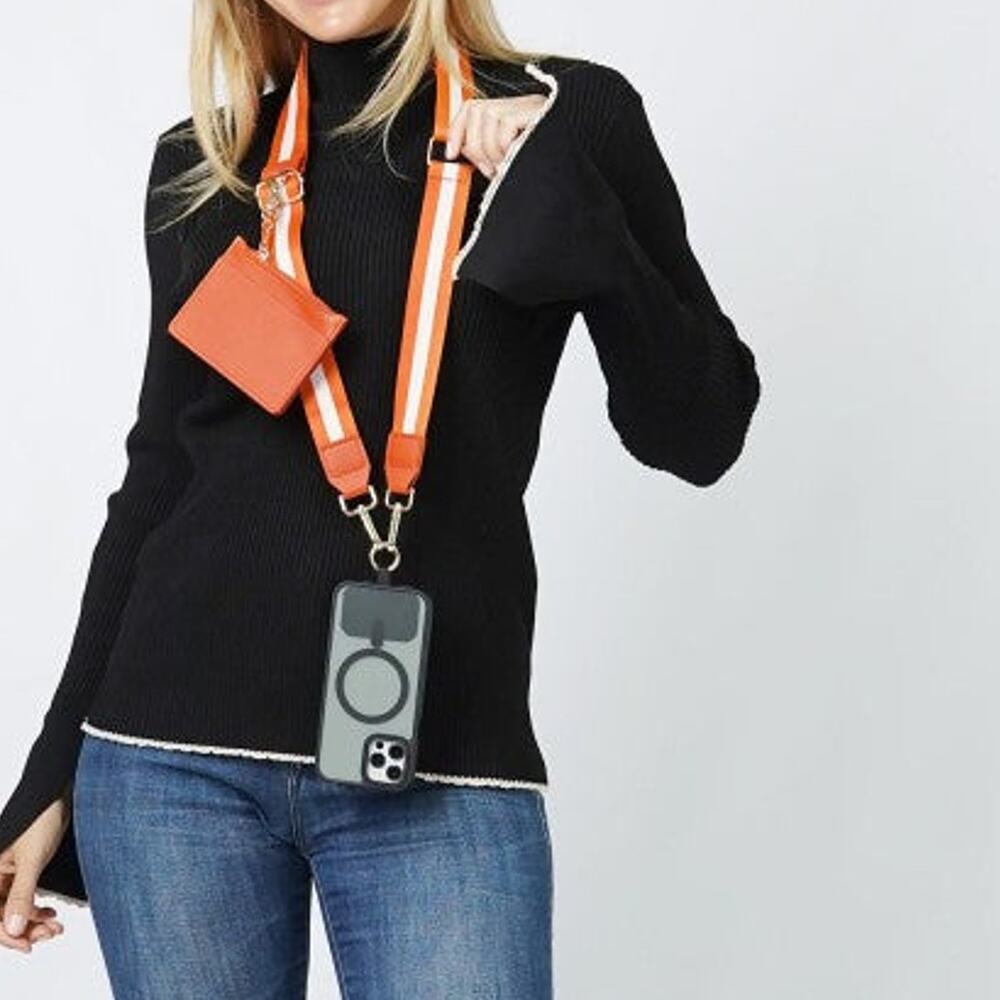 Clip N' Carry Crossbody Phone Strap Carrier Pouch Wallet Orange White Stripe